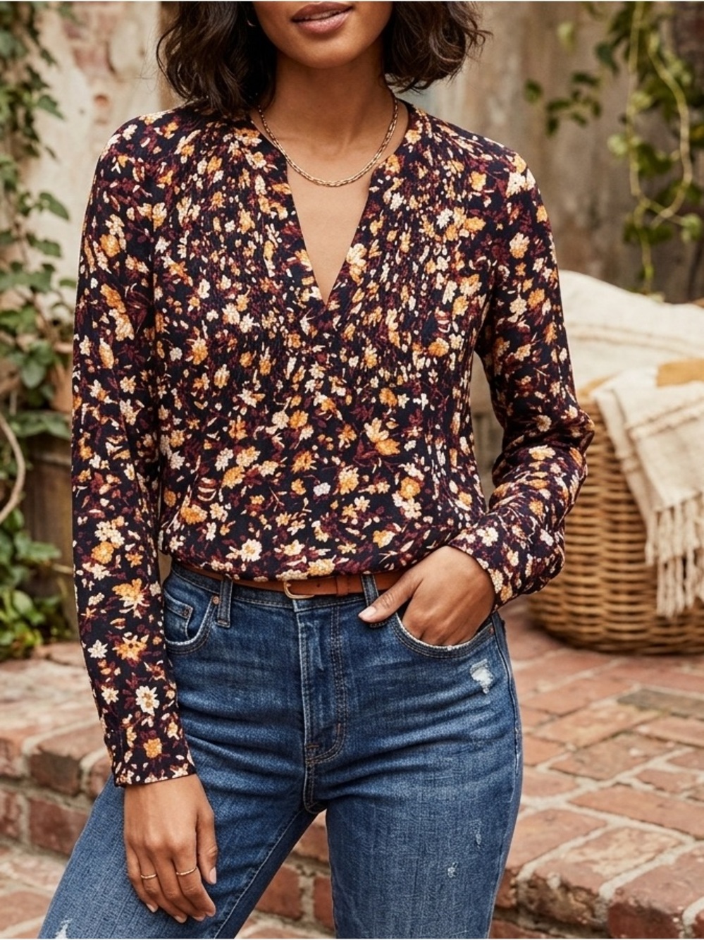 Lucky Brand Navy Autumn Floral Smocked V-Neck Blouse ❤️